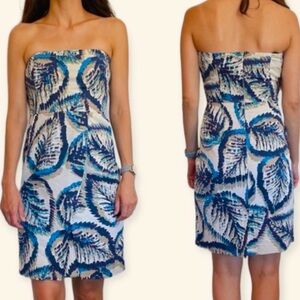 99% Silk Banana Republic Strapless Tropical Mini Dress Size 4 Blue White Tan EUC